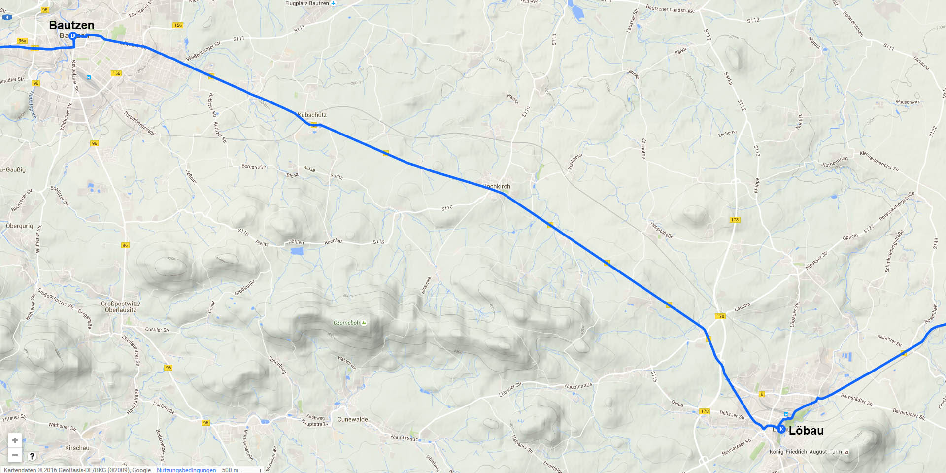 Die Tagesstrecke von Bautzen nach Löbau (25 km)