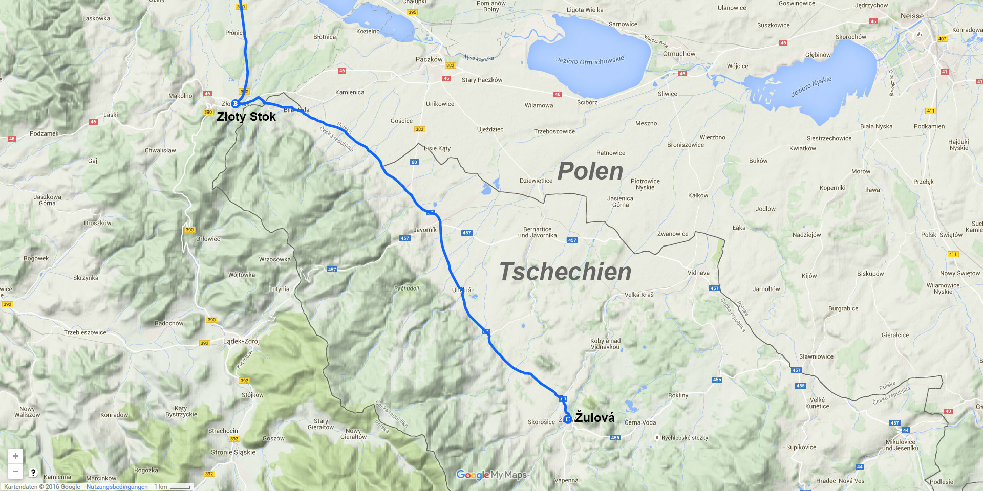 Die Tagesstrecke von Złoty Stok nach Žulová (29 km)
