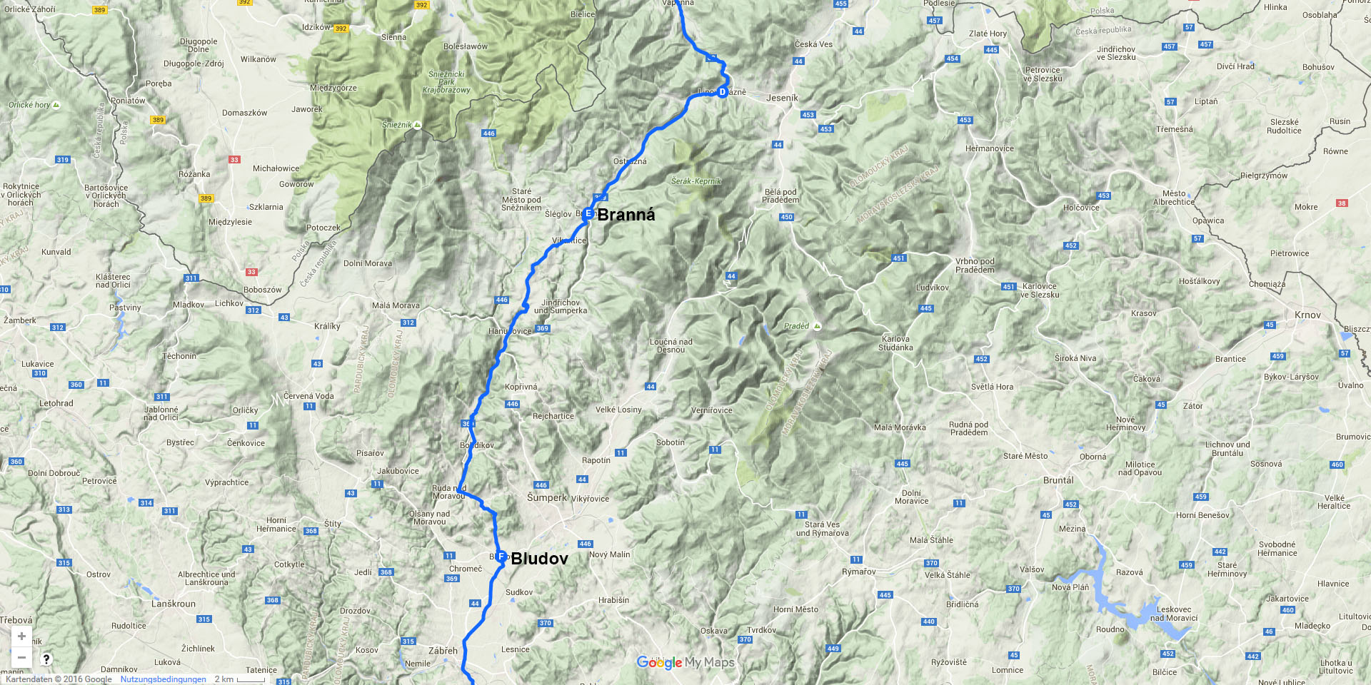 Die Tagesstrecke von Branná nach Bludov (37 km)