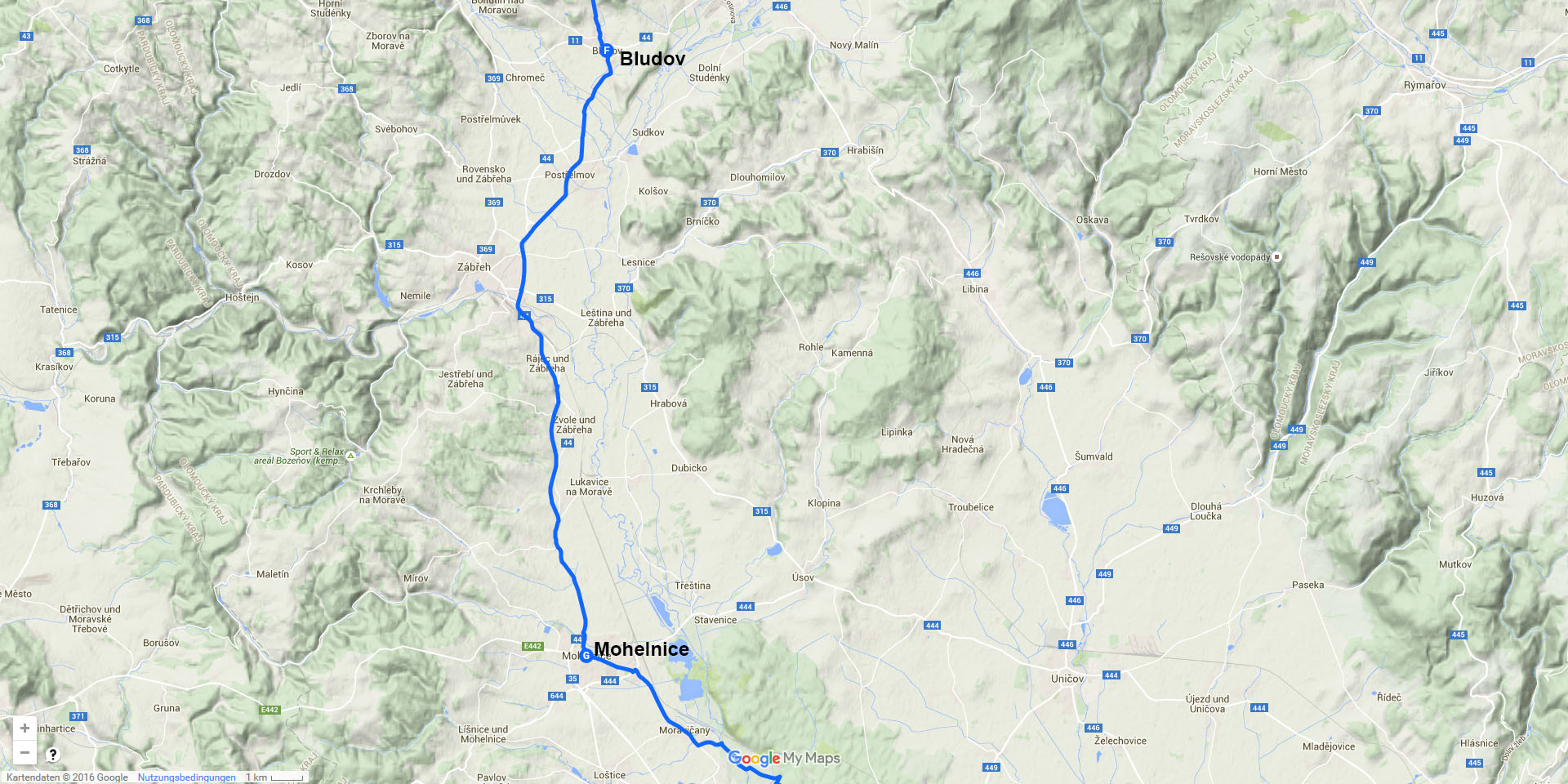 Die Tagesstrecke von Bludov nach Mohelnice (26 km)